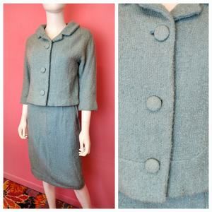 Size XS | Vintage 1960's Light Steel Blue Wool Boucle Knit Skirt Suit Set